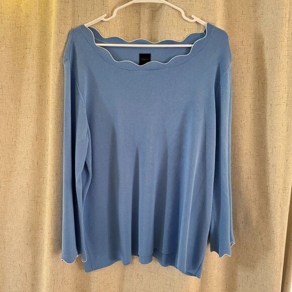 Tops - Rafaella Blue Scalloped Neck Knit Top XL 3/4 Sleeve Viscose Blend